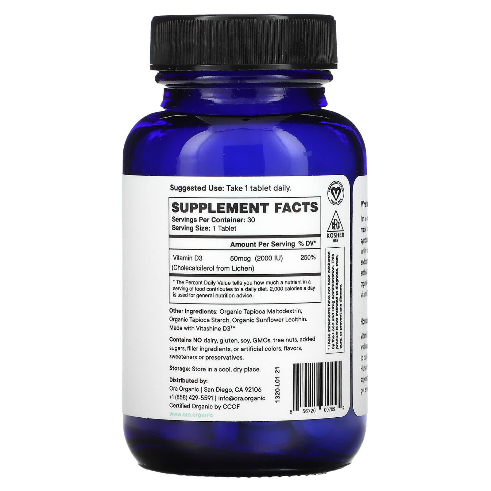 Ora Organic, Sol Food, Plant-Based Vitamin D3, 2,000 IU, 30 Organic Tablets - [product_sku] | HiLife Vitamins