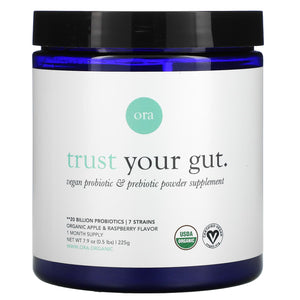Ora Organic, Trust Your Gut, Vegan Prebiotic & Probiotic Powder 20 Billion CFUs, Apple & Raspberry, 7.9 oz - 856720007672