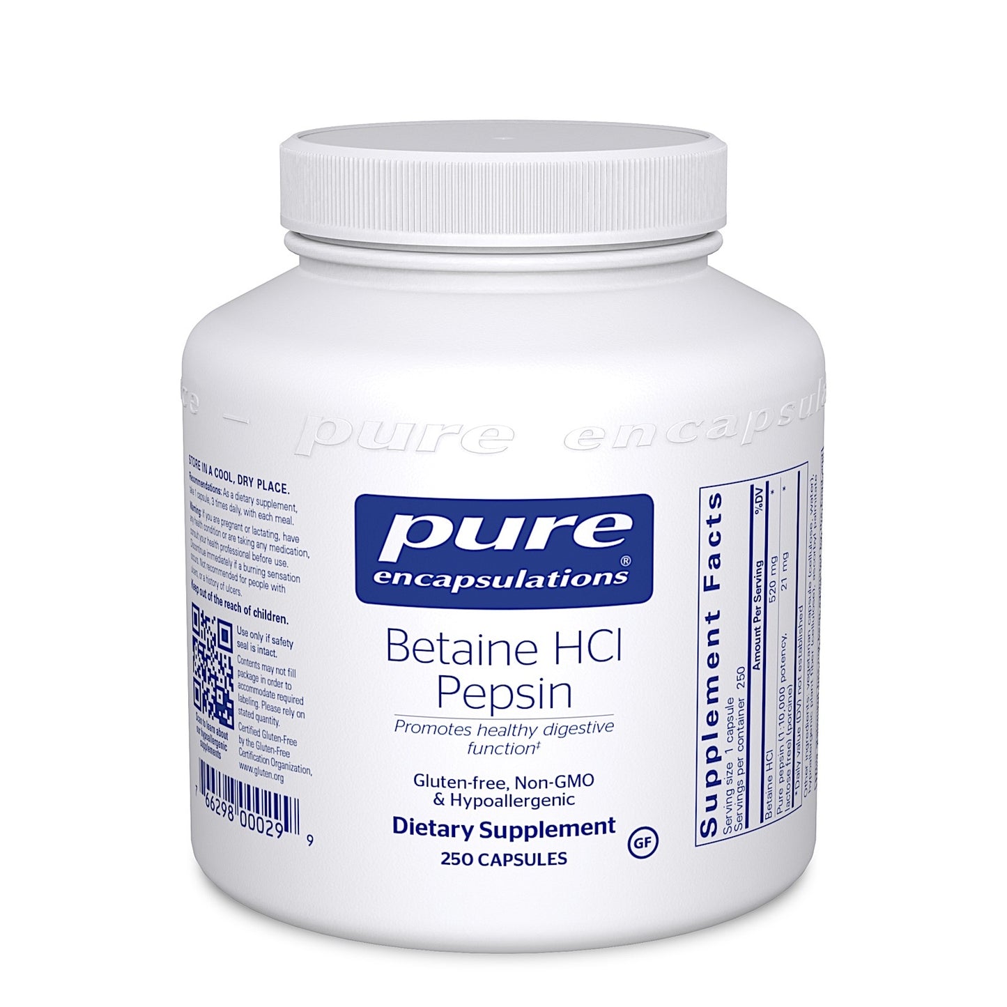 Pure Encapsulations, Betaine Hcl Pepsin, 250 Capsules - 766298000299 | Hilife Vitamins