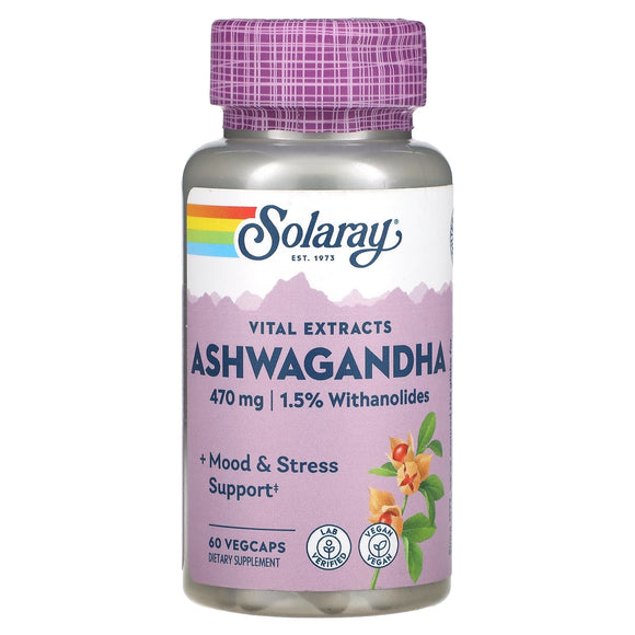 Solaray, Ashwagandha Extract 470 mg, 60 VegCaps - 076280399028 | Hilife Vitamins
