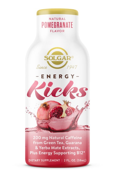 Solgar, Energy Kicks Counter Display - Natural Pomegranate Flavor, 12 2-oz bottles UPC 033984673625 | HiLife Vitamins