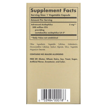 Solgar, Advanced Acidophilus, 100 Vegetable Capsules UPC 033984000186 | HiLife Vitamins