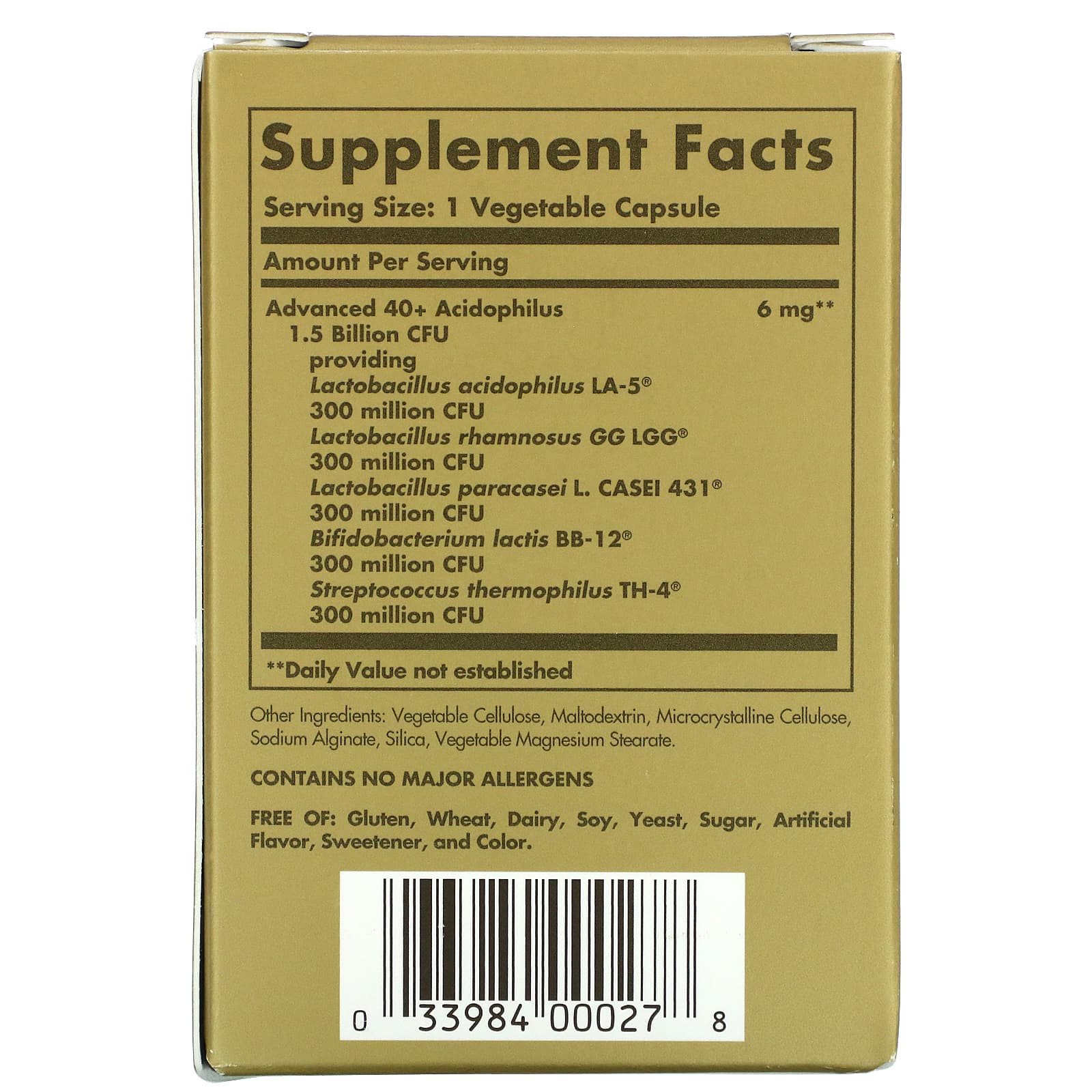 Solgar, Advanced 40+Acidophilus, 60 Vegetable Capsules UPC 033984000278 | HiLife Vitamins