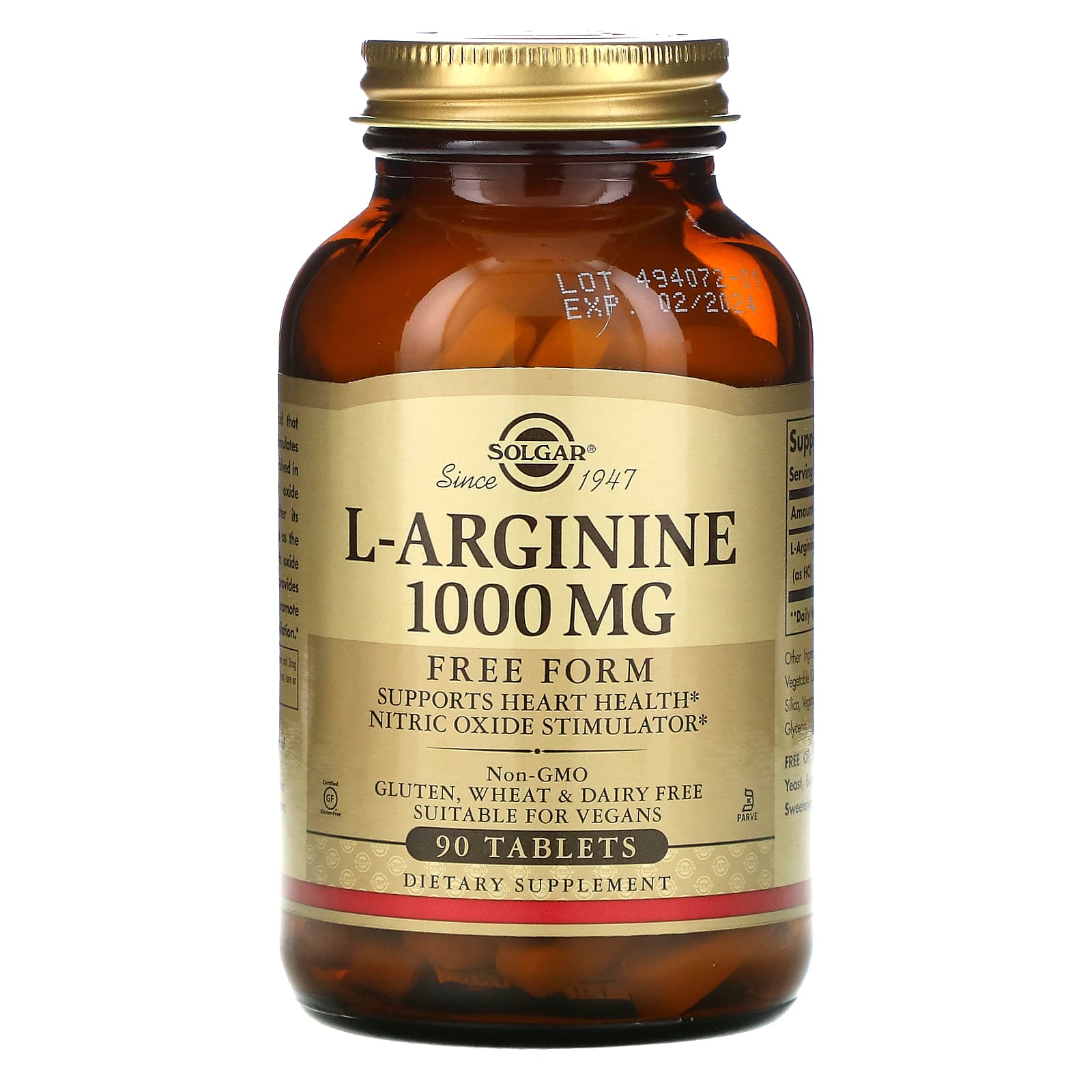 Solgar, L-Arginine, Free Form, 1,000 mg, 90 Tablets UPC 033984001503 | HiLife Vitamins