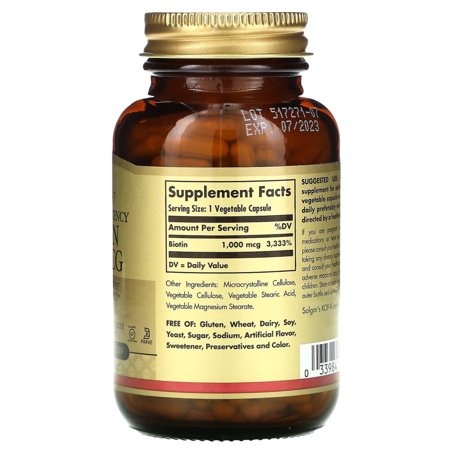 Solgar, Biotin, 1,000 mcg, 250 Capsules UPC 033984003125 | HiLife Vitamins