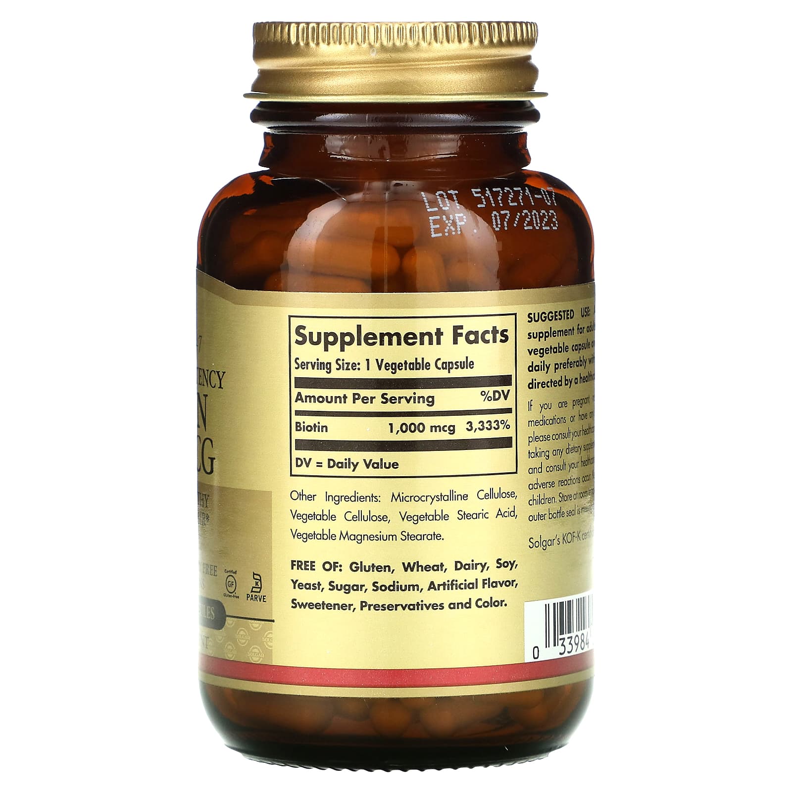 Solgar, Biotin, 1,000 mcg, 250 Capsules UPC 033984003125 | HiLife Vitamins
