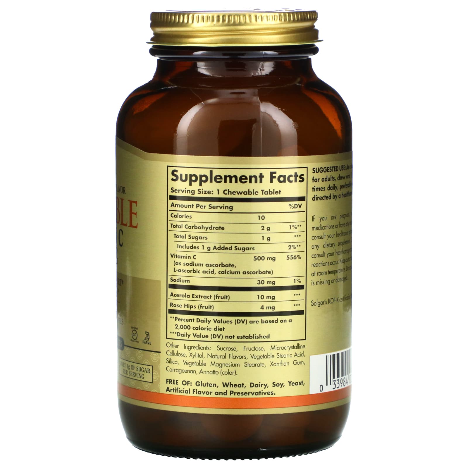 Solgar, Vitamin C 500 mg Chewable -Juicy Orange Flavor, 90 Tablets UPC 033984004078 | HiLife Vitamins