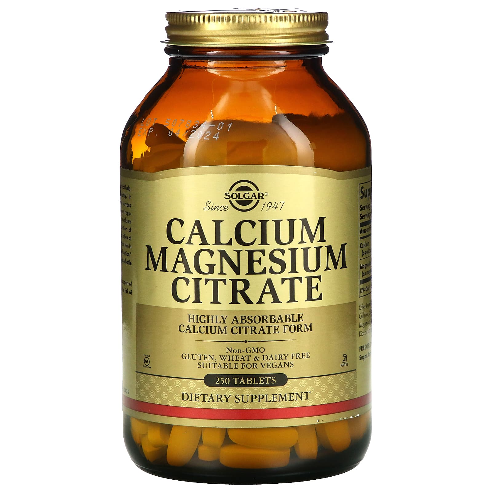 Solgar, Calcium/Magnesium Citrate, 250 Tablets UPC 033984005105 | HiLife Vitamins