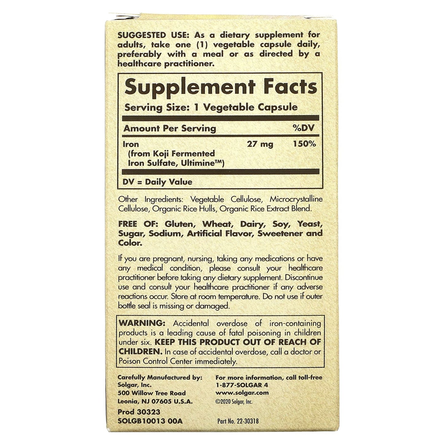 Solgar, Earth Source® Food Fermented Koji 27 mg Iron, 30 Vegetable Capsules UPC 033984005341 | HiLife Vitamins