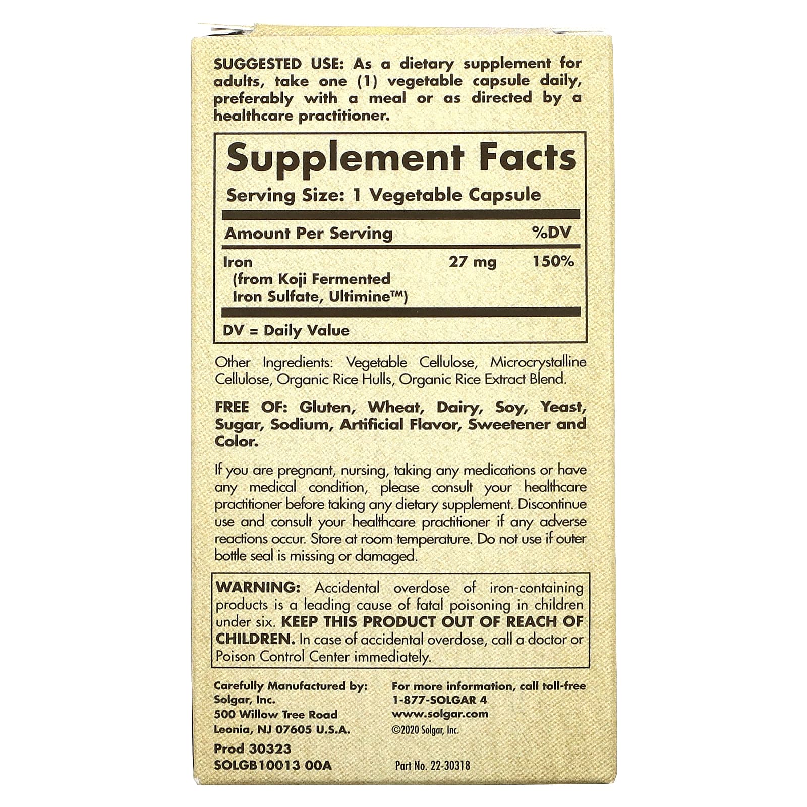 Solgar, Earth Source® Food Fermented Koji 27 mg Iron, 30 Vegetable Capsules UPC 033984005341 | HiLife Vitamins