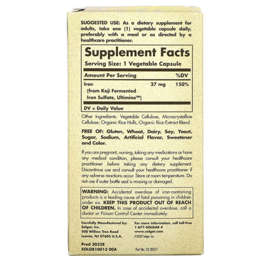 Solgar, Koji Iron 27mg, 60 Vegetable Capsules UPC 033984005358 | HiLife Vitamins