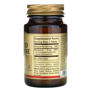 Solgar, Chelated Manganese, 100 Tablets UPC 033984007208 | HiLife Vitamins
