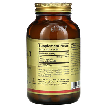 Solgar, Chelated Zinc, 250 Tablets UPC 033984008014 | HiLife Vitamins