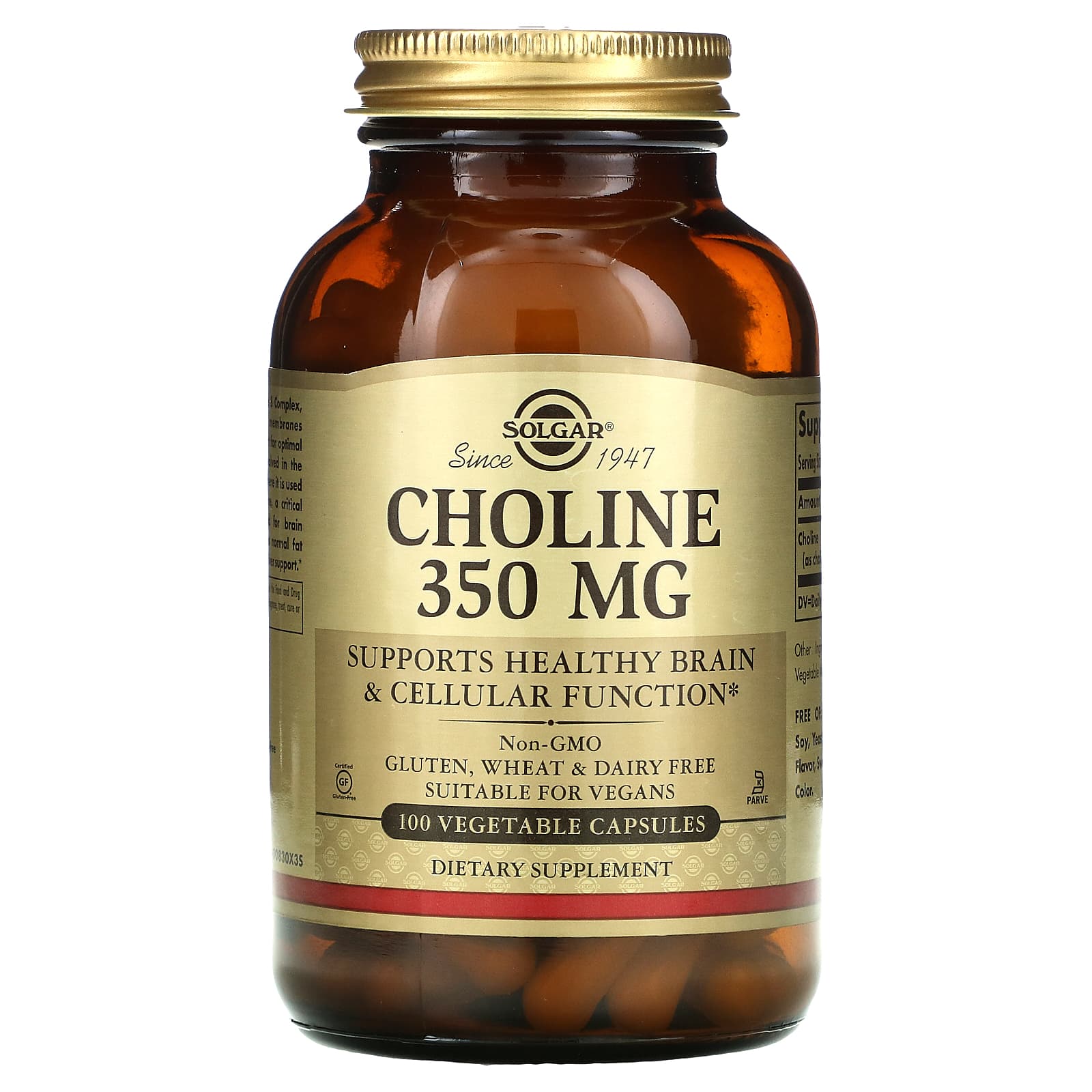 Solgar, Choline, 100 Vegetable Capsules UPC 033984008304 | HiLife Vitamins