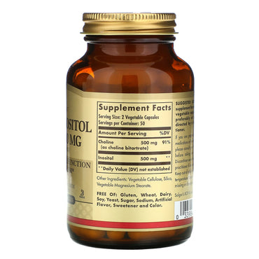 Solgar, Choline/Inositol, 100 Vegetable Capsules UPC 033984008502 | HiLife Vitamins