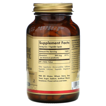 Solgar, Chromium Picolinate 200 Mcg, 180 Vegetable Capsules UPC 033984008670 | HiLife Vitamins