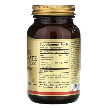 Solgar, Chromium Polynicotinate 200 Mcg, 100 Vegetable Capsules UPC 033984008762 | HiLife Vitamins