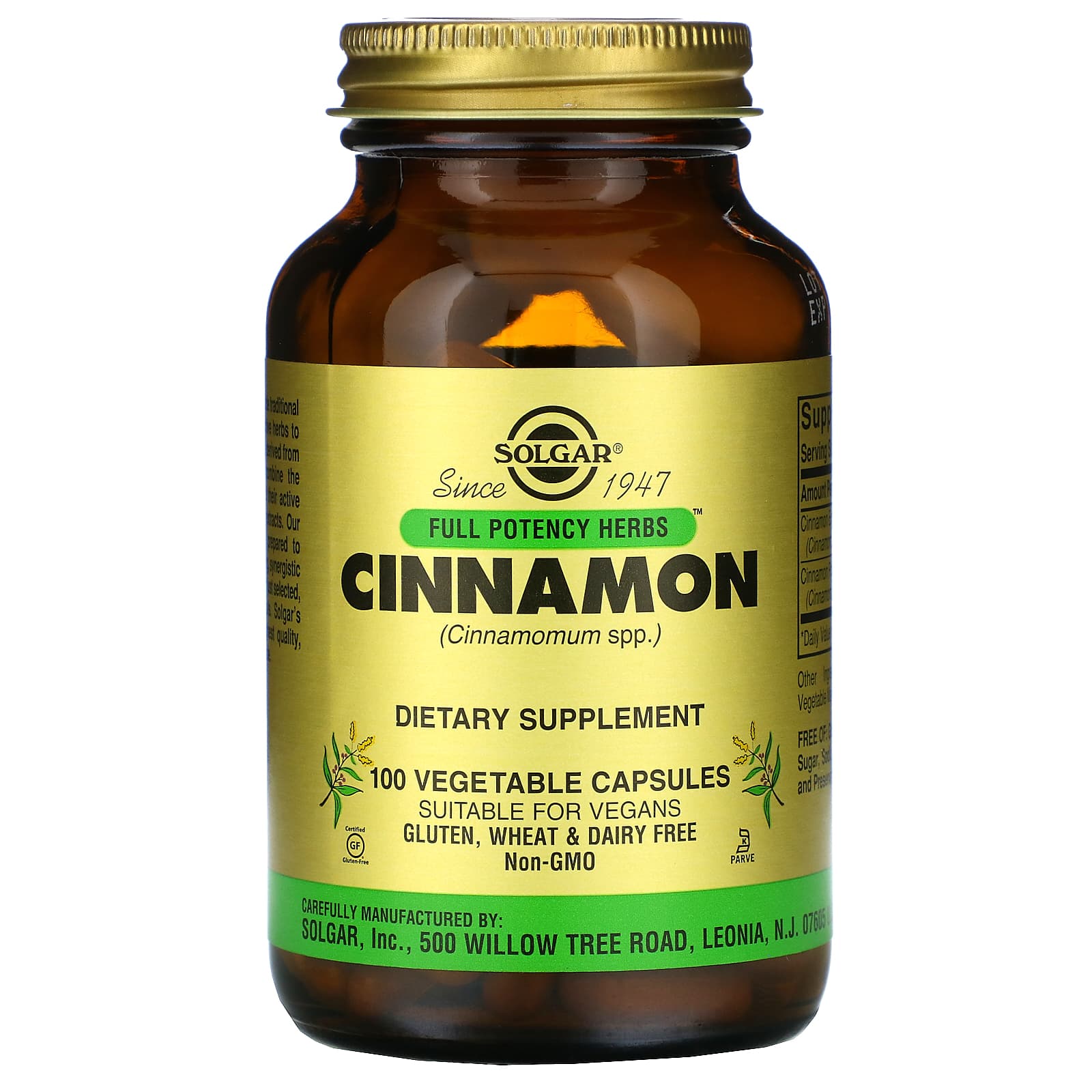 Solgar, Cinnamon Supplement, Full Potency Herbs, 100 Vegetable Capsules UPC 033984008779 | HiLife Vitamins