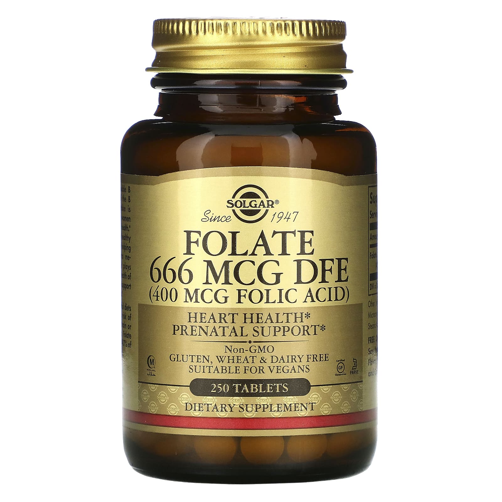 Solgar, Folate 666 MCG DFE, 400 MCG Folic Acid, 250 Tablets UPC 033984010819 | HiLife Vitamins