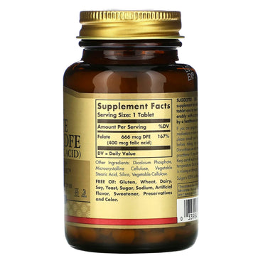 Solgar, Folate 666 MCG DFE, 400 MCG Folic Acid, 250 Tablets UPC 033984010819 | HiLife Vitamins