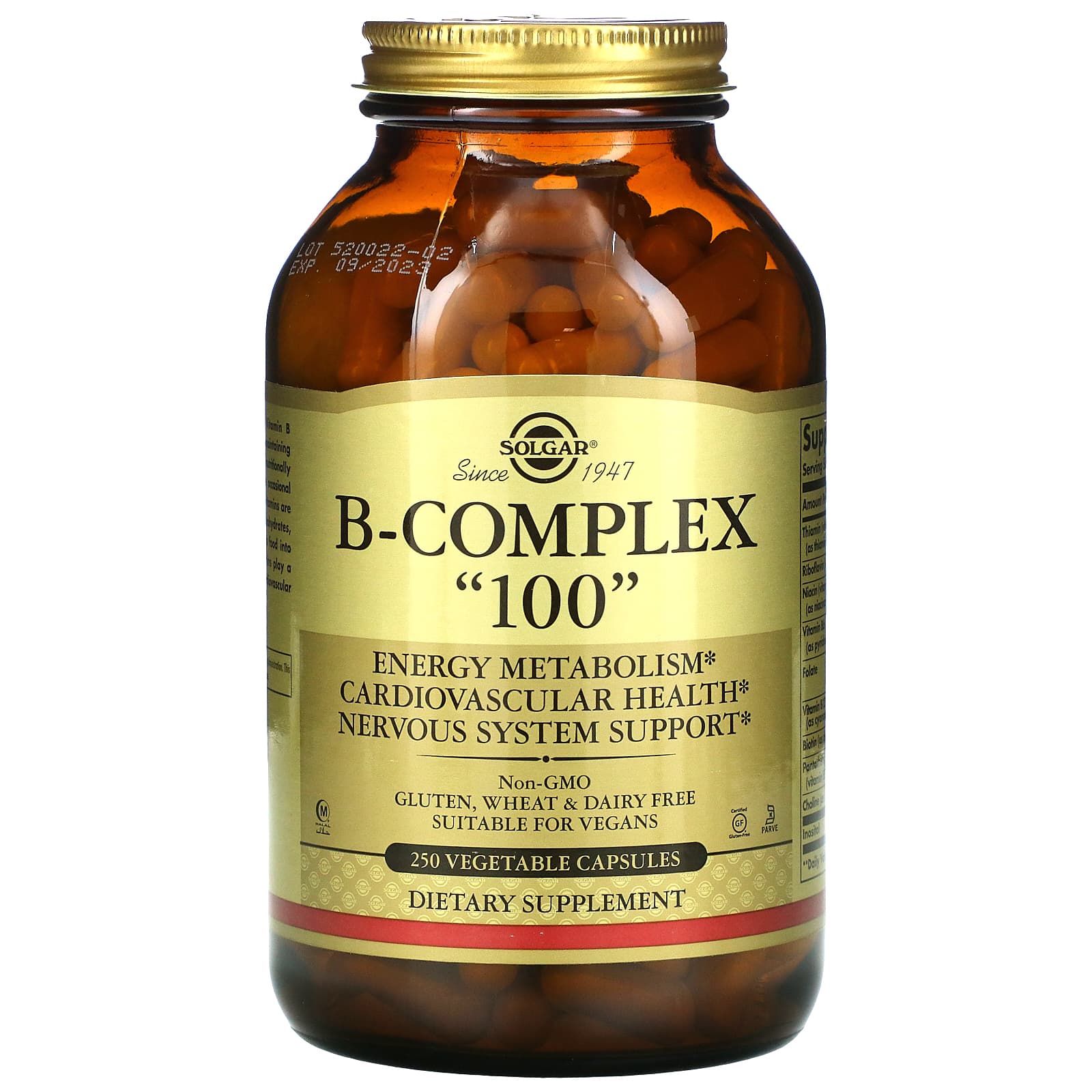 Solgar, B-Complex "100", 250 Vegetable Capsules UPC 033984011519 | HiLife Vitamins
