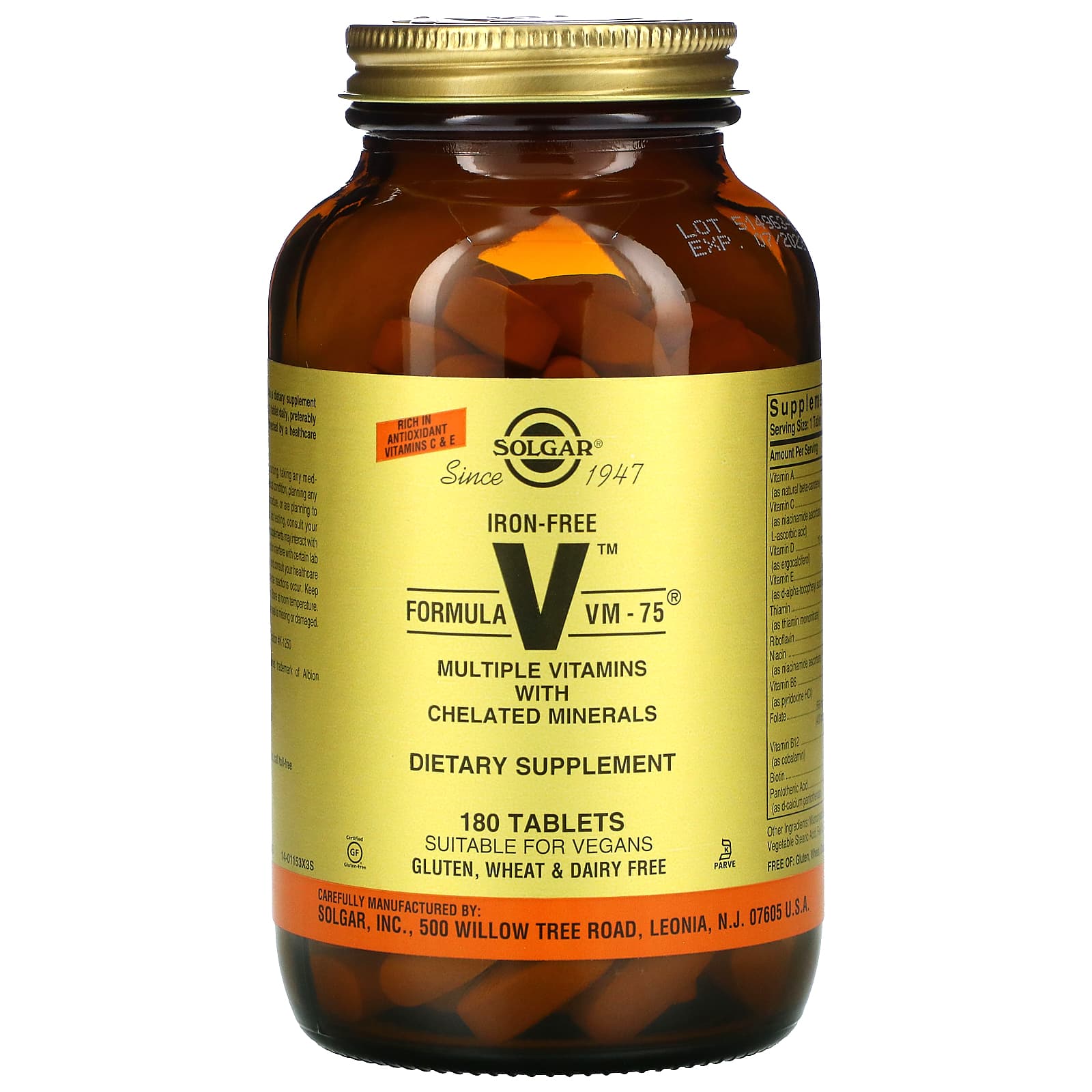 Solgar, Formula V, VM-75, Multiple Vitamins with Chelated Minerals, Iron Free, 180 Tablets UPC 033984011533 | HiLife Vitamins