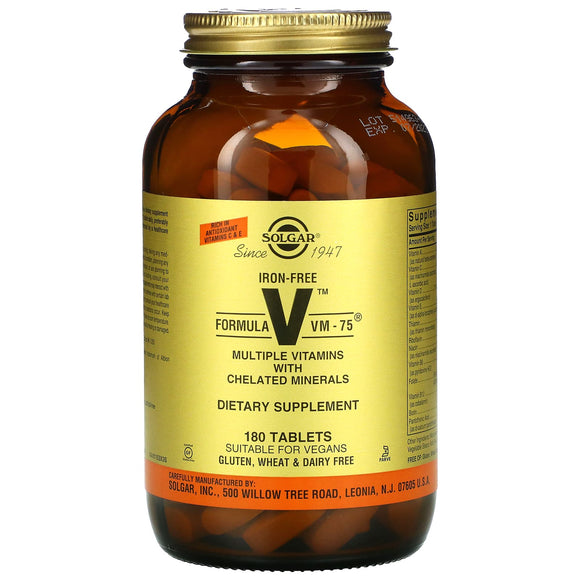 Solgar, Formula V, VM-75, Multiple Vitamins with Chelated Minerals, Iron Free, 180 Tablets - 033984011533 | Hilife Vitamins
