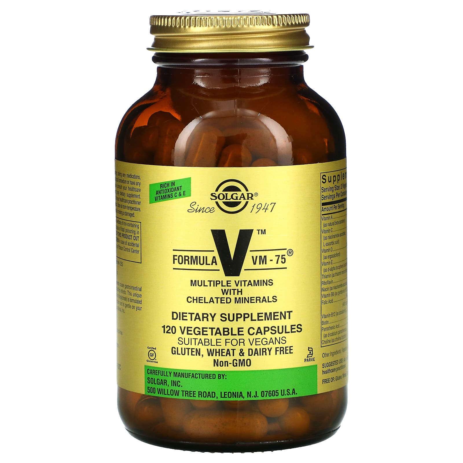 Solgar, Formula V, VM-75, Multiple Vitamins with Chelated Minerals, 120 Vegetable Capsules UPC 033984011670 | HiLife Vitamins