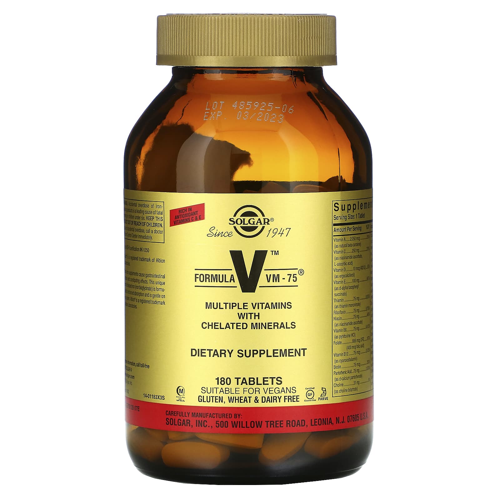 Solgar, Vm-75, 180 Tablets UPC 033984011830 | HiLife Vitamins