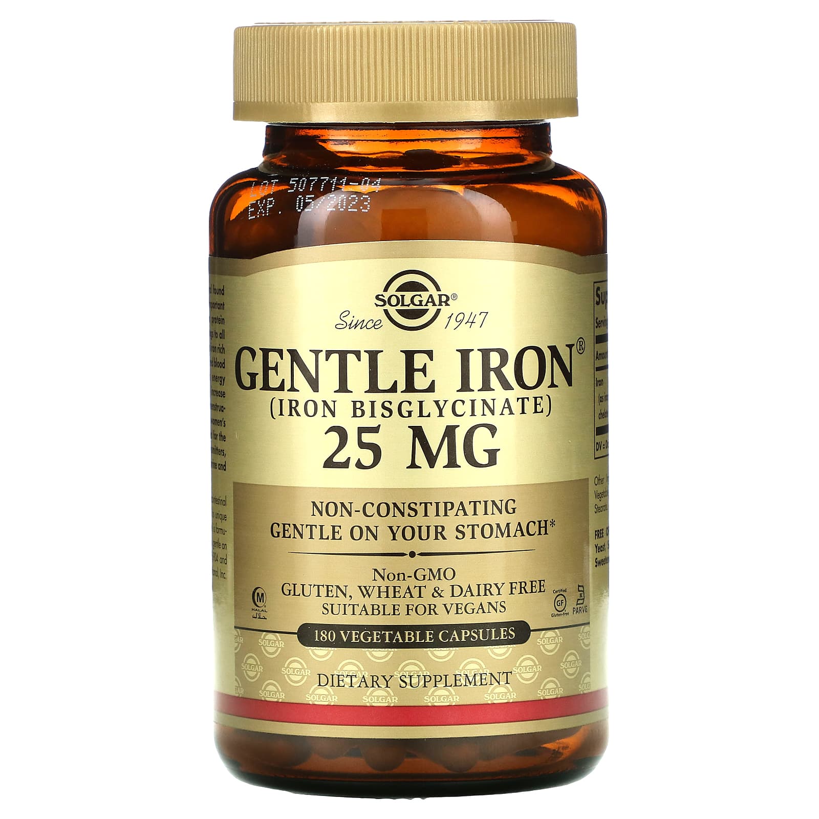 Solgar, Gentle Iron, Iron Bisglycinate, 25 mg, 180 Vegetable Capsules UPC 033984012509 | HiLife Vitamins