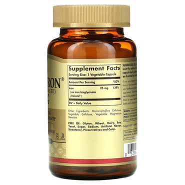 Solgar, Gentle Iron, Iron Bisglycinate, 25 mg, 180 Vegetable Capsules UPC 033984012509 | HiLife Vitamins