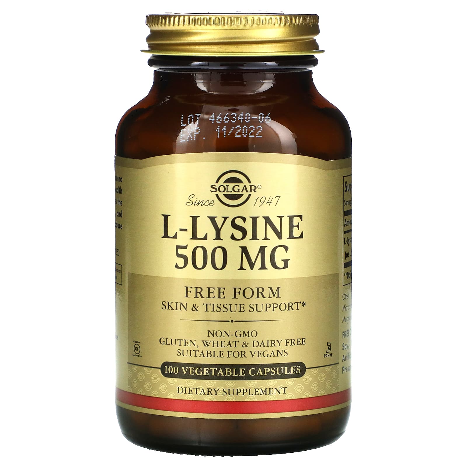 Solgar, L-Lysine 500 mg, 100 Vegetable Capsules UPC 033984016811 | HiLife Vitamins