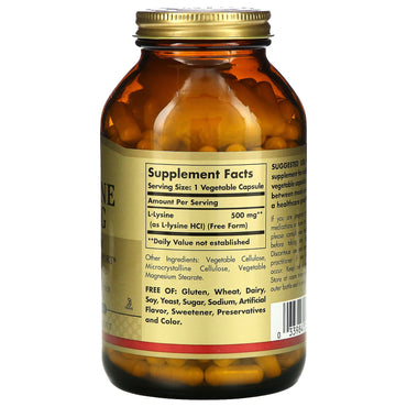 Solgar, L-Lysine 500 mg, 250 Vegetable Capsules UPC 033984016828 | HiLife Vitamins