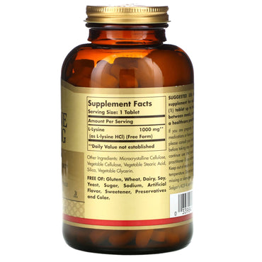 Solgar, L-Lysine 1000 mg, 250 Tablets UPC 033984017023 | HiLife Vitamins