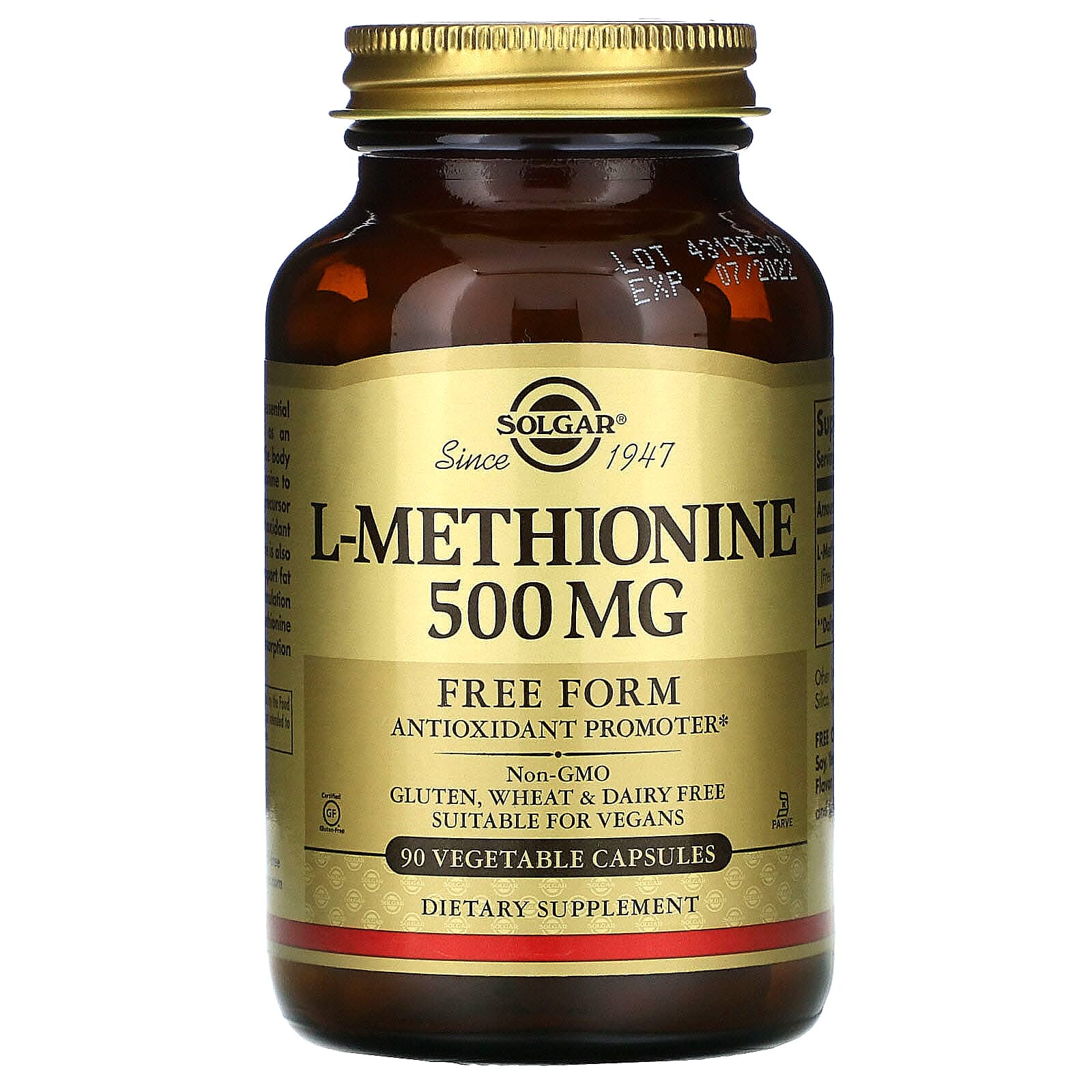 Solgar, L-Methionine 500 mg, 90 Vegetable Capsules UPC 033984017542 | HiLife Vitamins