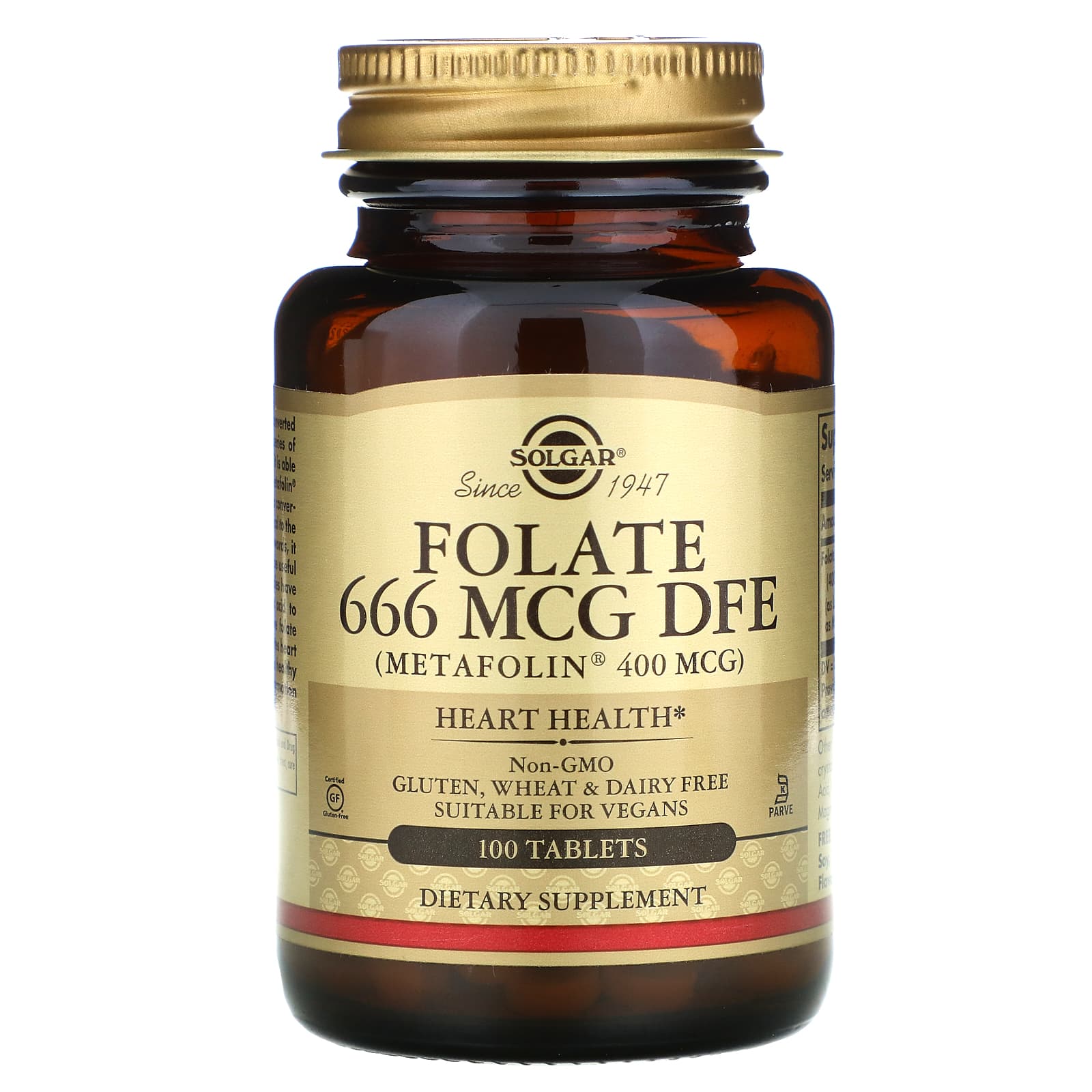 Solgar, Folate as Metafolin, 400 mcg, 100 Tablets UPC 033984019416 | HiLife Vitamins