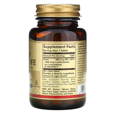 Solgar, Folate as Metafolin, 400 mcg, 100 Tablets UPC 033984019416 | HiLife Vitamins