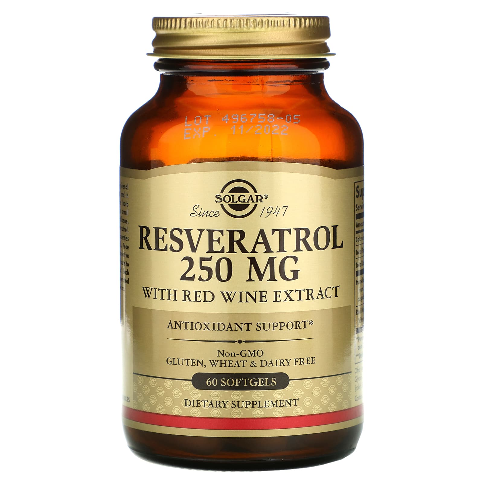 Solgar, Resveratrol 250 mg With Red Wine Extract, 60 Softgels UPC 033984024847 | HiLife Vitamins