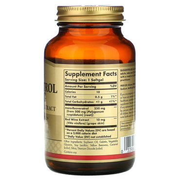 Solgar, Resveratrol 250 mg With Red Wine Extract, 60 Softgels UPC 033984024847 | HiLife Vitamins