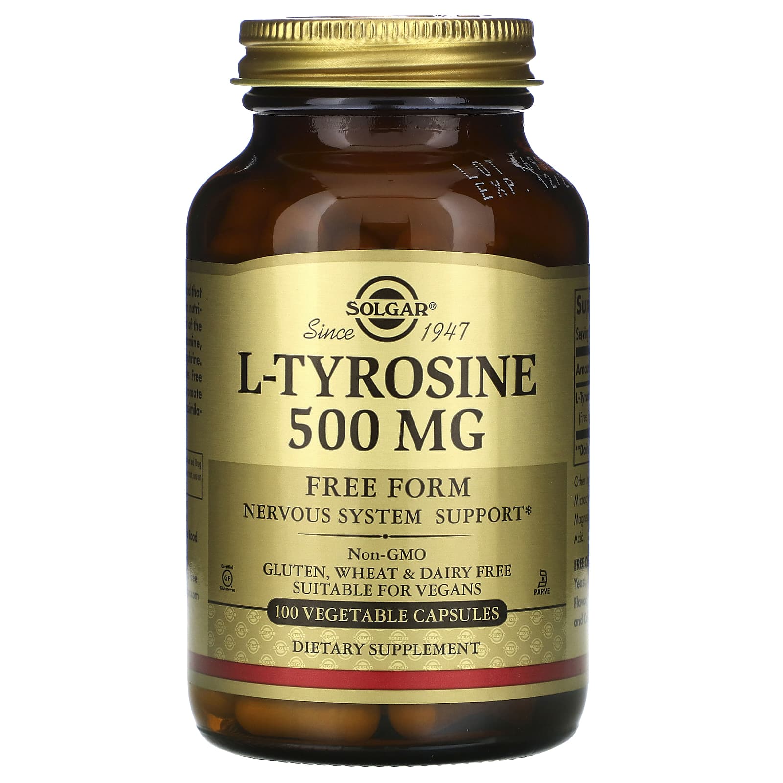 Solgar, L-Tyrosine, 500 mg, 100 Vegetable Capsules UPC 033984027619 | HiLife Vitamins