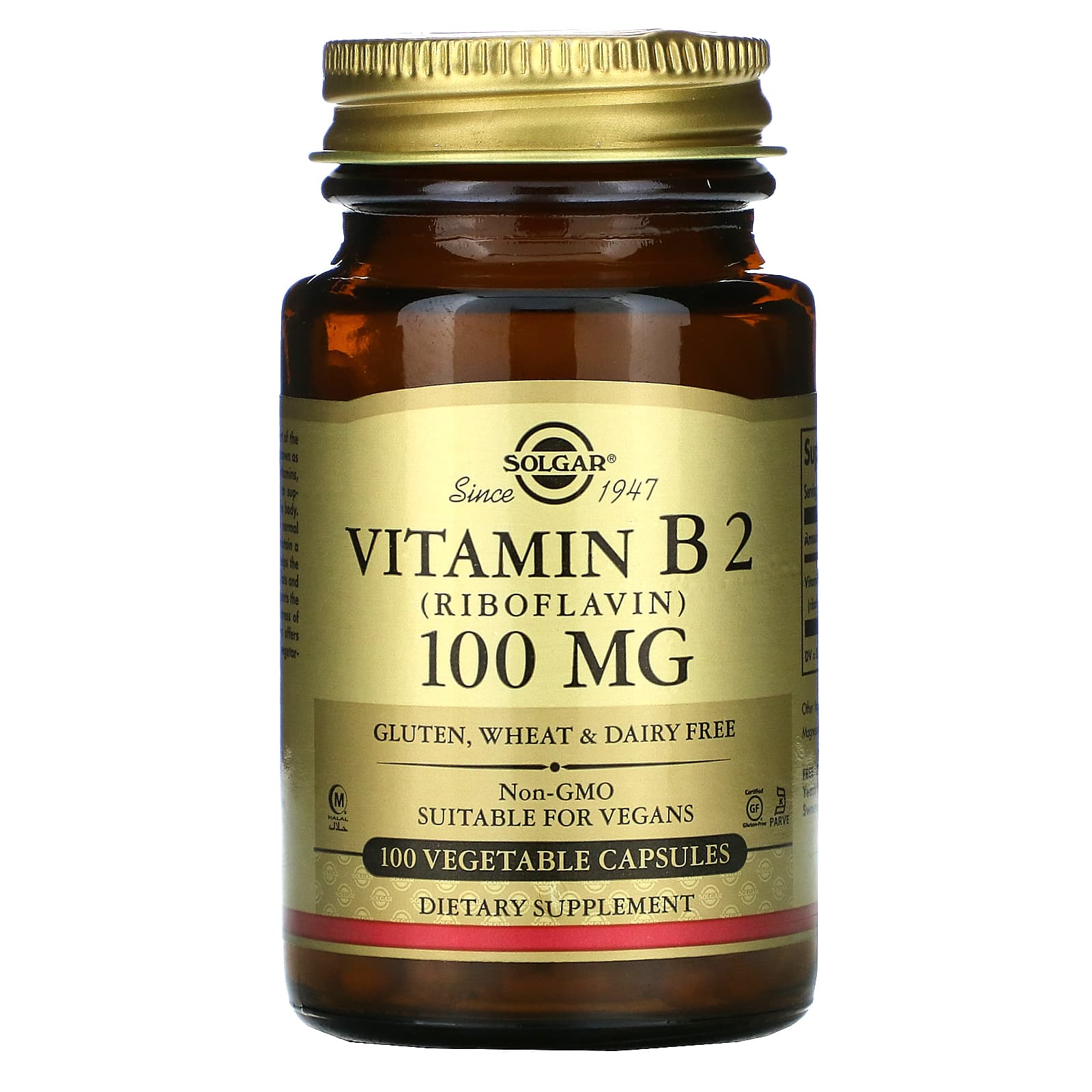 Solgar, Vitamin B-2 100 mg, 100 Vegetable Capsules UPC 033984030503 | HiLife Vitamins