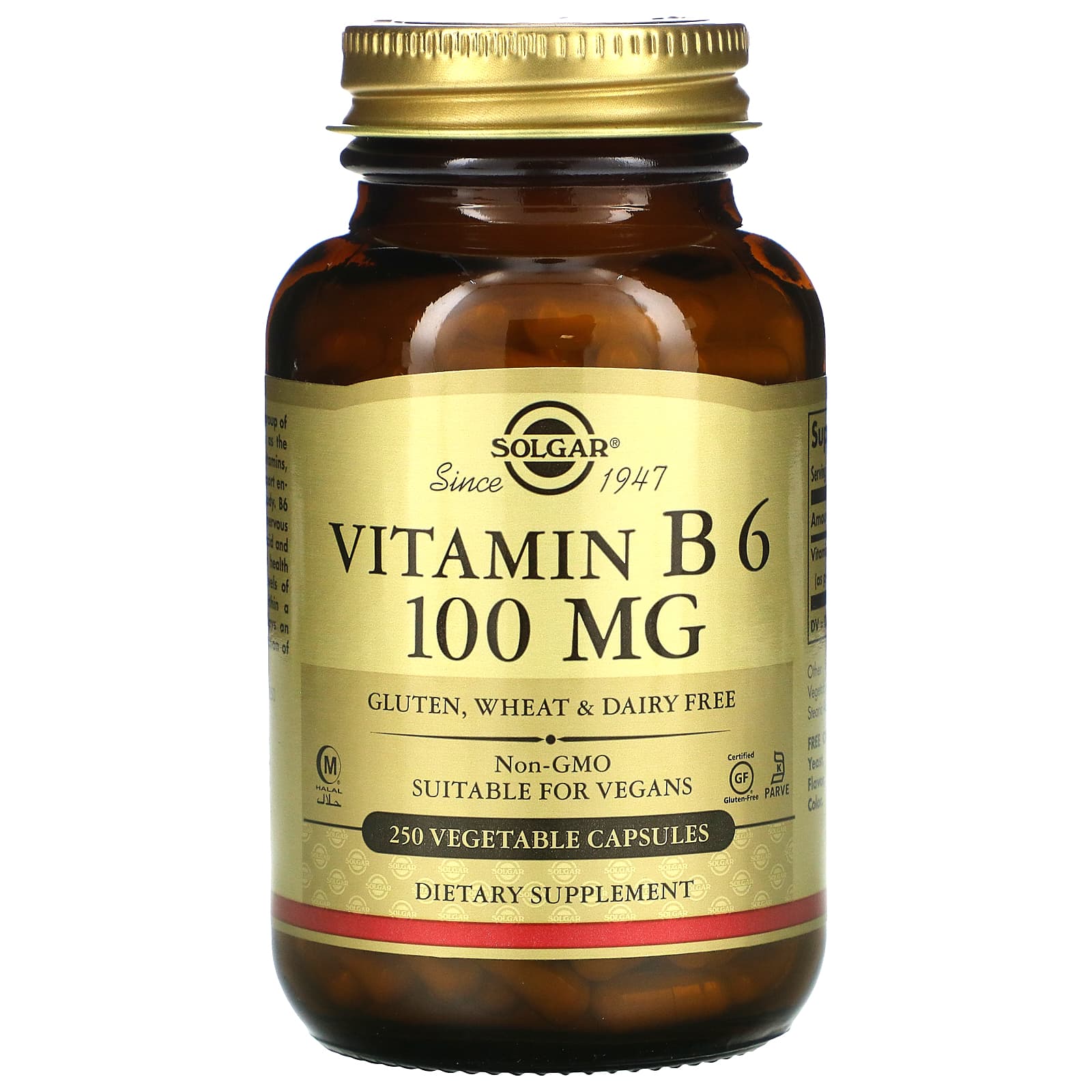 Solgar, B-6 100 mg, 250 Vegetable Capsules UPC 033984031111 | HiLife Vitamins