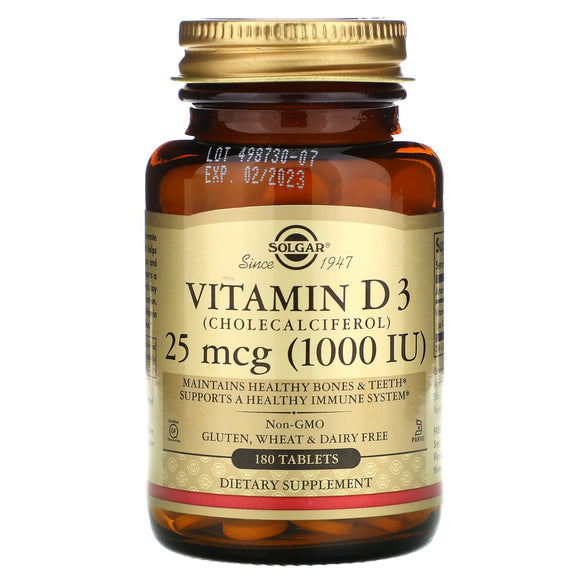 Solgar, Vitamin D3, 25 mcg (1,000 IU), 180 Tablets - 033984033115 | Hilife Vitamins