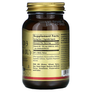 Solgar, Vitamin D3 Cholecalciferol 5000 IU, 120 Vegetable Capsules UPC 033984033139 | HiLife Vitamins