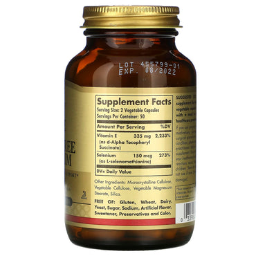 Solgar, Vitamin E With Yeast Free Selenium, 100 Vegetable Capsules UPC 033984033511 | HiLife Vitamins