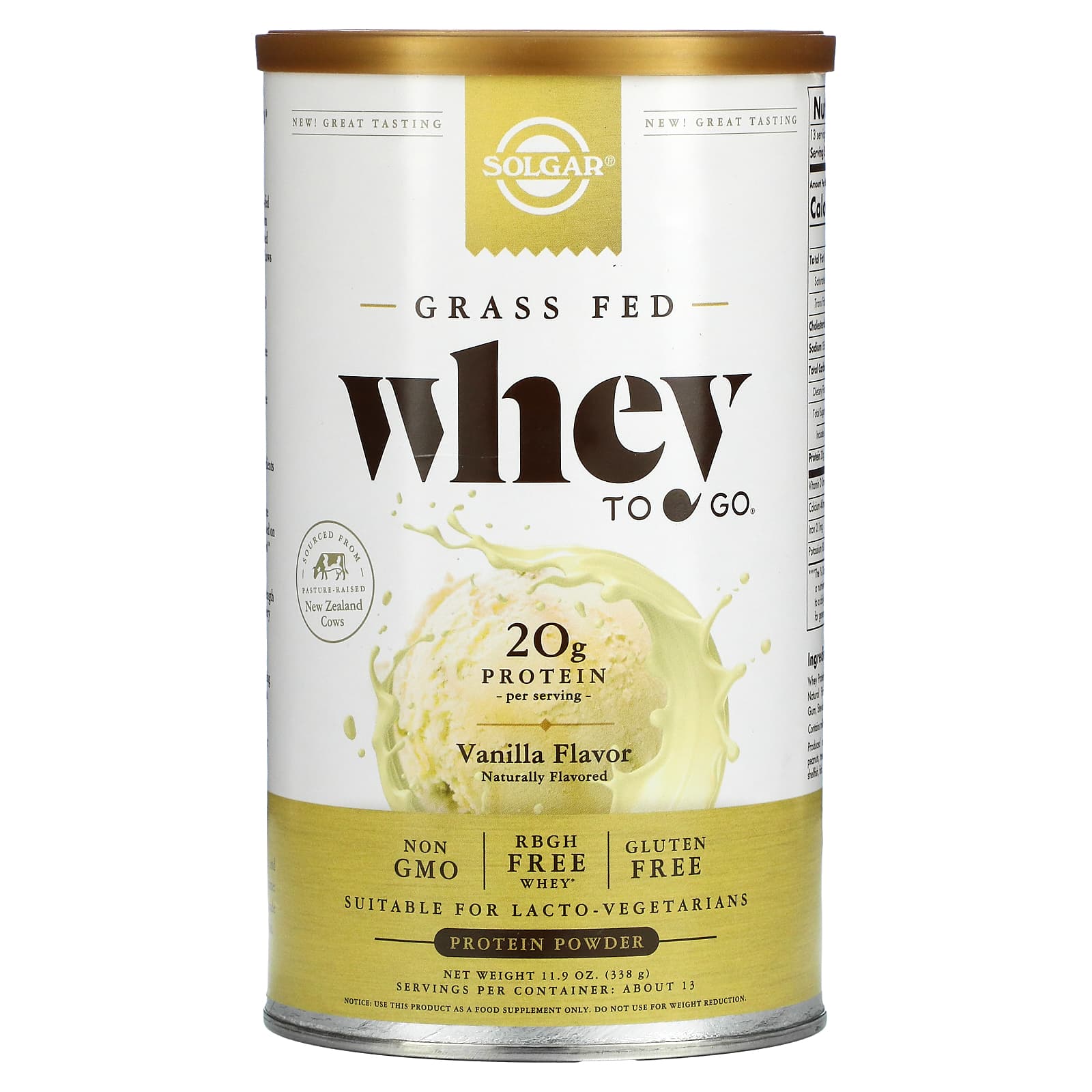 Solgar, Grass Fed Whey To Go, Protein Powder, Vanilla, 11.9 Oz UPC 033984036673 | HiLife Vitamins