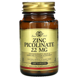 Solgar, Zinc Picolinate 22 mg, 100 Tablets - 033984037250 | Hilife Vitamins
