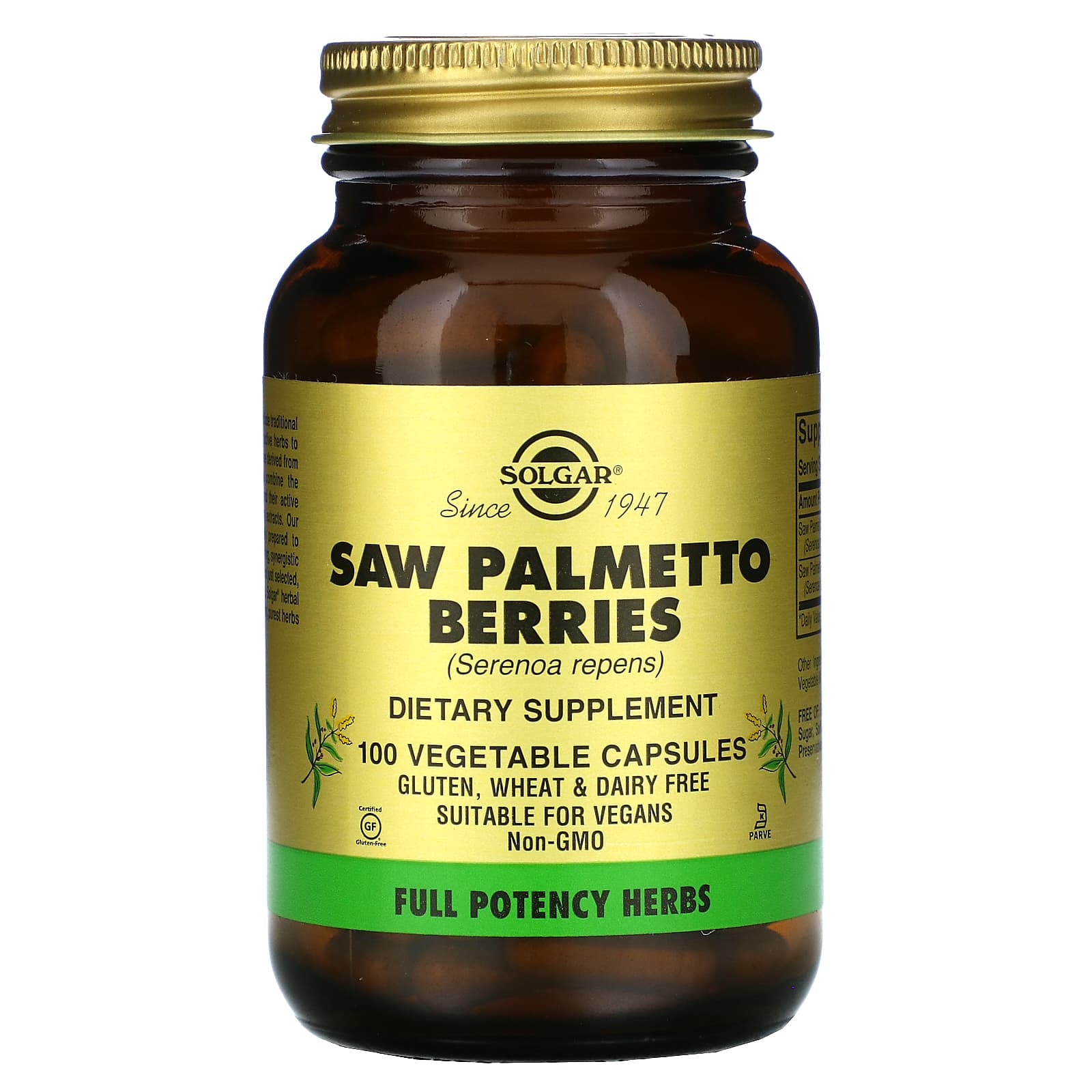 Solgar, Saw Palmetto Fruit Berries, 100 Vegetable Capsules UPC 033984040236 | HiLife Vitamins