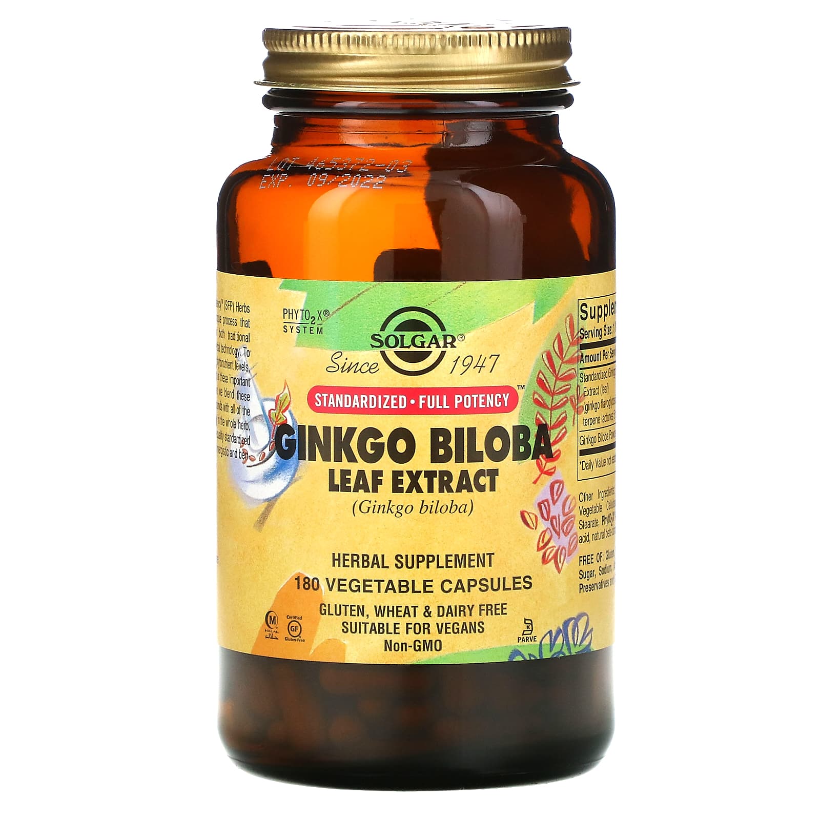 Solgar, Ginkgo Biloba Leaf Extract, 180 Vegetable Capsules UPC 033984041325 | HiLife Vitamins