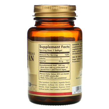 Solgar, Natural Omega-3 Vegetarian Dha 200 mg, 50 Vegetarian Softgels UPC 033984348455 | HiLife Vitamins